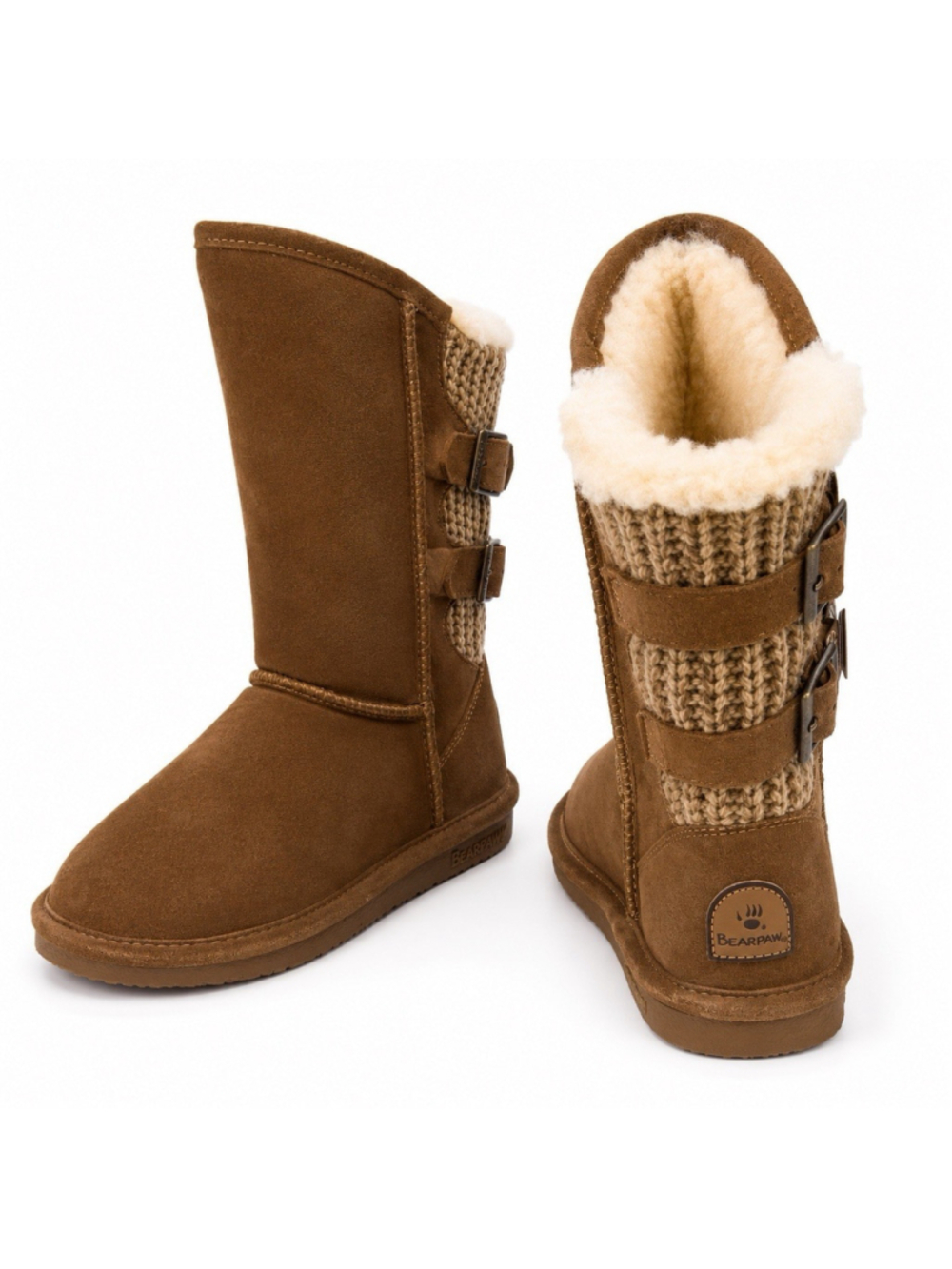 Bearpaw Boshie Women’s Winter Boots Hickory Suede Knit Buckle Shearling Lined 7